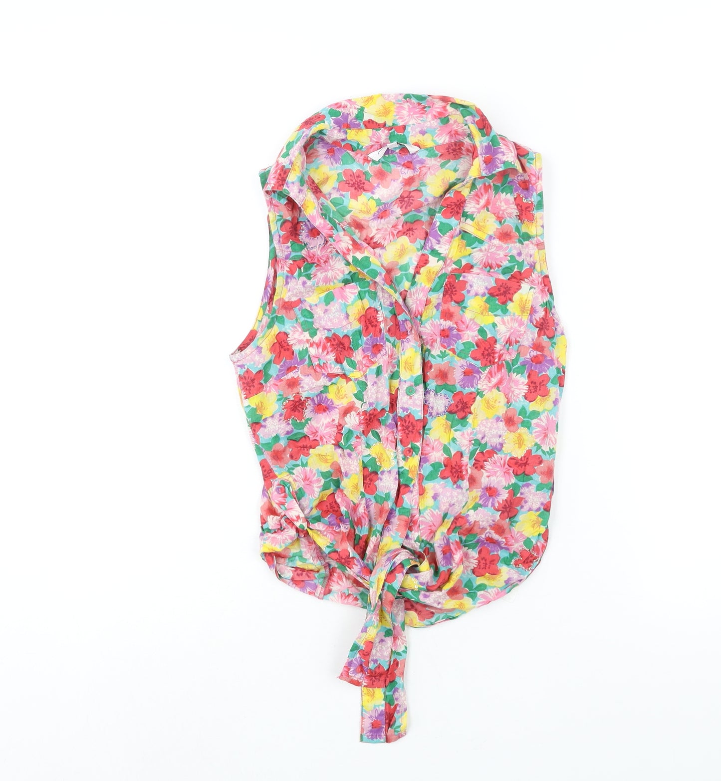 New Look Womens Multicoloured Floral Cotton Basic Button-Up Size 8 Collared - Sequin Detail Tie