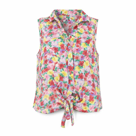 Front view of New Look women’s multicoloured floral cotton basic button-up, size UK 8, collared - sequin detail tie
