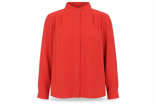 Front view of St Michael women’s red polyester basic button-up, size UK 10, mock neck