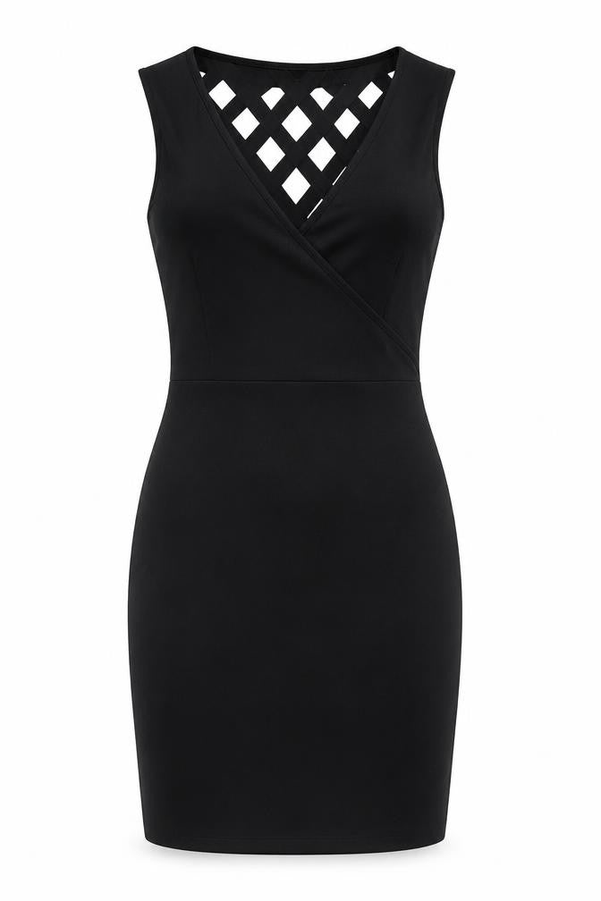 Front view of Cara Mia women’s black polyester bodycon, size UK 10, v-neck pullover - cut out back detail