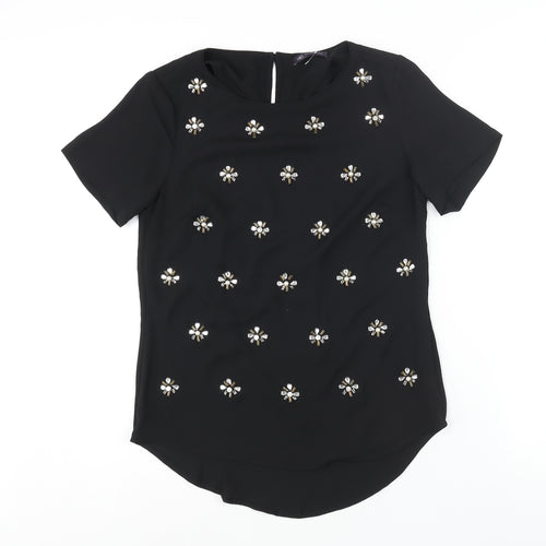 Marks and Spencer Womens Black Polyester Basic Blouse Size 10 Round Neck - Floral Rhinestone