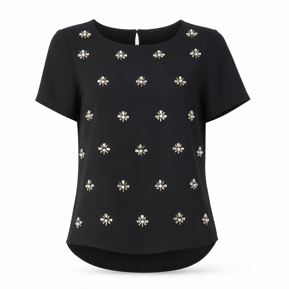 Front view of Marks & Spencer women’s black polyester basic blouse, size UK 10, round neck - floral rhinestone