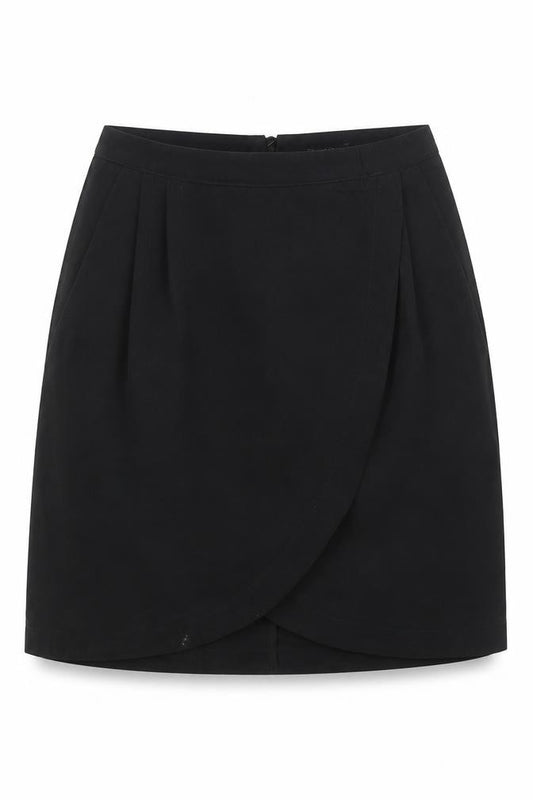Front view of H&M women’s black polyester a-line skirt, size UK 6, zip