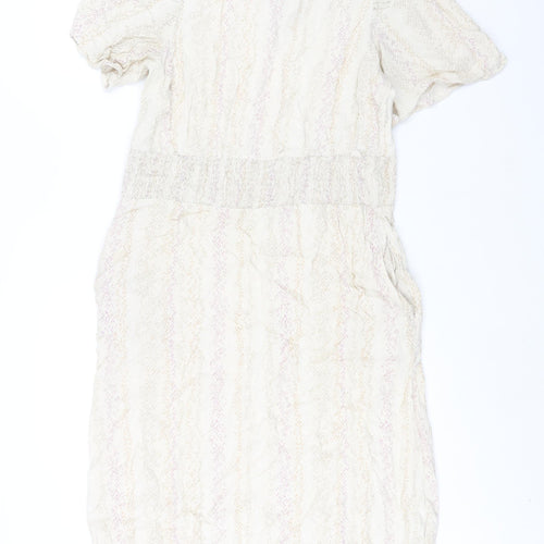 Marks and Spencer Womens Beige Geometric Viscose Shift Size 14 Round Neck Button - Pocket Rouched