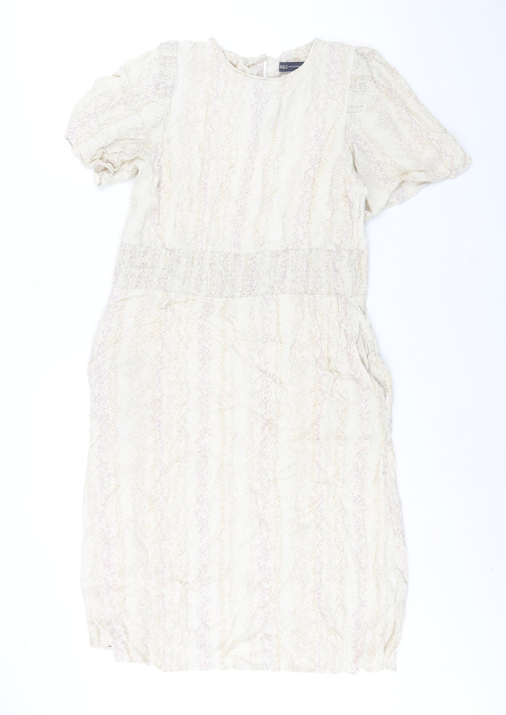Marks and Spencer Womens Beige Geometric Viscose Shift Size 14 Round Neck Button - Pocket Rouched
