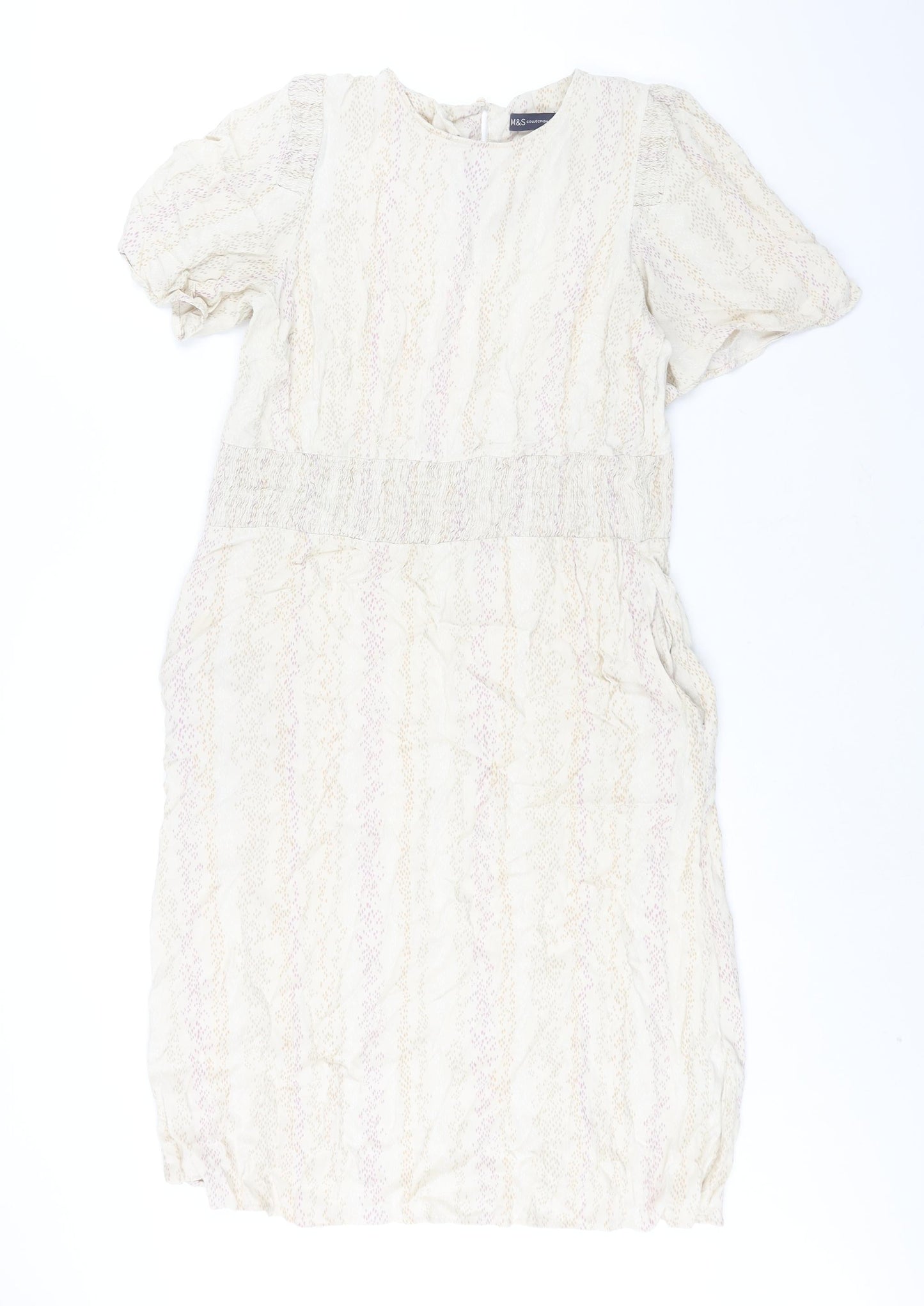 Marks and Spencer Womens Beige Geometric Viscose Shift Size 14 Round Neck Button - Pocket Rouched