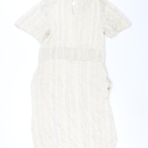 Marks and Spencer Womens Beige Geometric Viscose Shift Size 14 Round Neck Button - Pocket Rouched