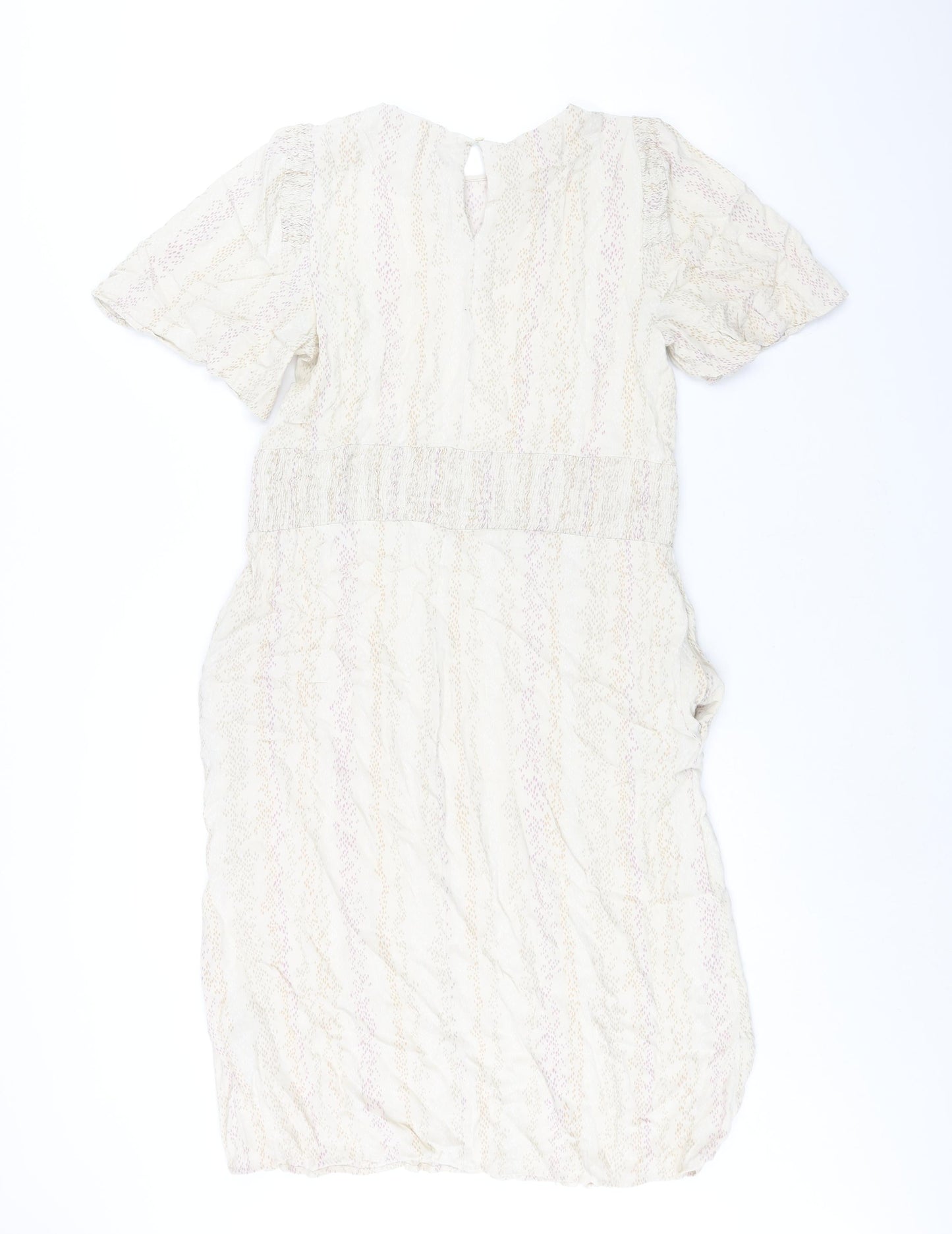 Marks and Spencer Womens Beige Geometric Viscose Shift Size 14 Round Neck Button - Pocket Rouched
