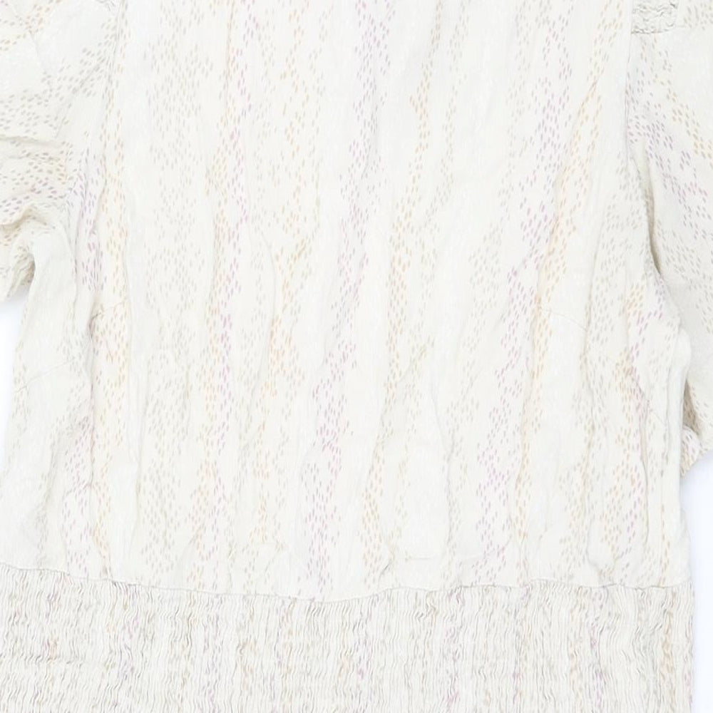 Marks and Spencer Womens Beige Geometric Viscose Shift Size 14 Round Neck Button - Pocket Rouched