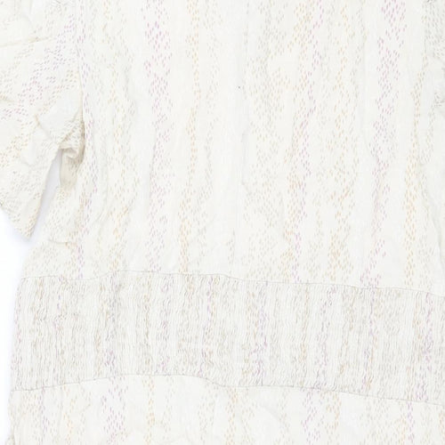 Marks and Spencer Womens Beige Geometric Viscose Shift Size 14 Round Neck Button - Pocket Rouched