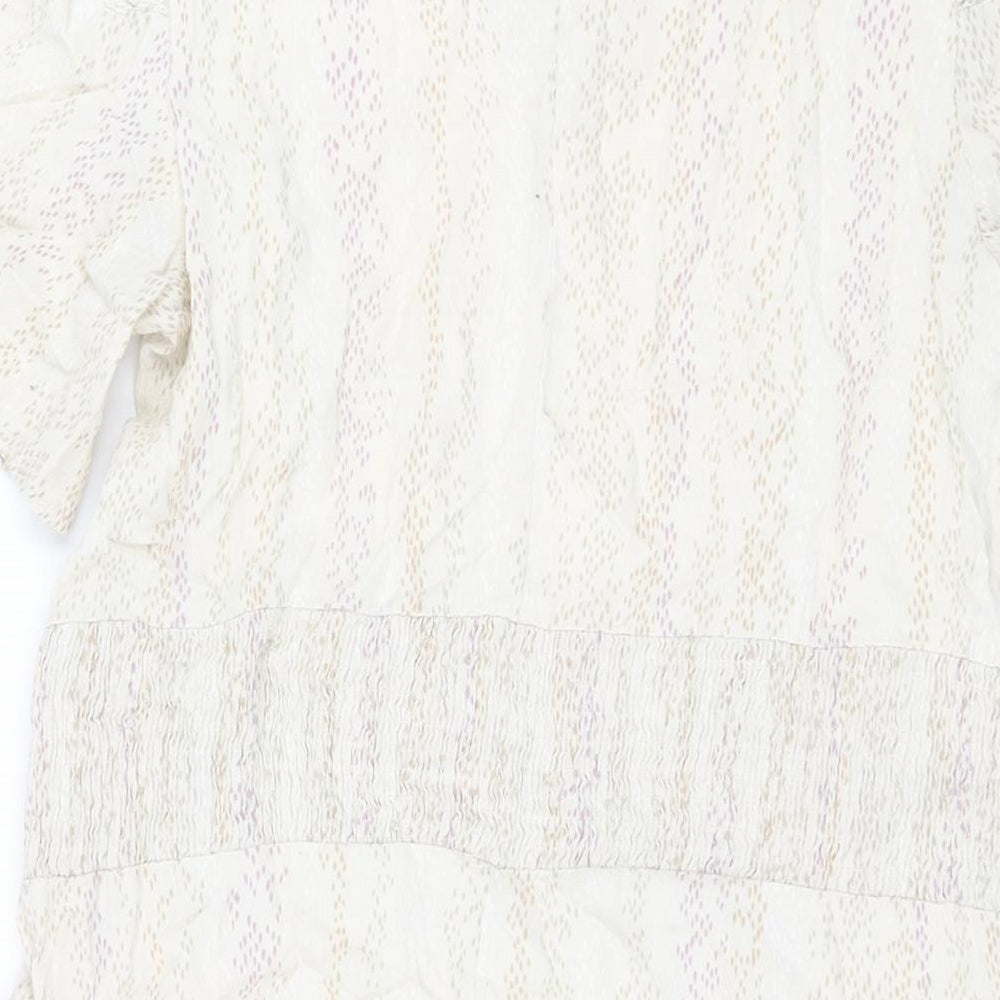 Marks and Spencer Womens Beige Geometric Viscose Shift Size 14 Round Neck Button - Pocket Rouched