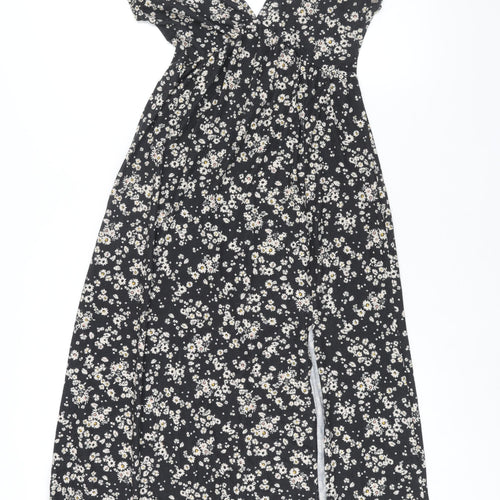 Topshop Womens Black Floral Polyester Shift Size 10 V-Neck Tie - Front Slit