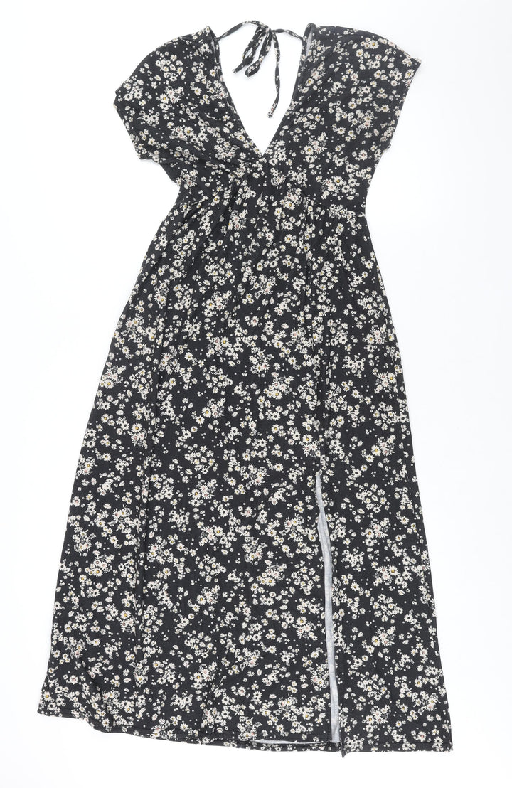 Topshop Womens Black Floral Polyester Shift Size 10 V-Neck Tie - Front Slit