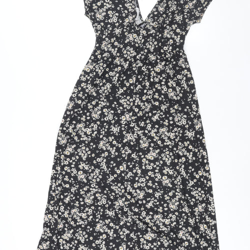 Topshop Womens Black Floral Polyester Shift Size 10 V-Neck Tie - Front Slit