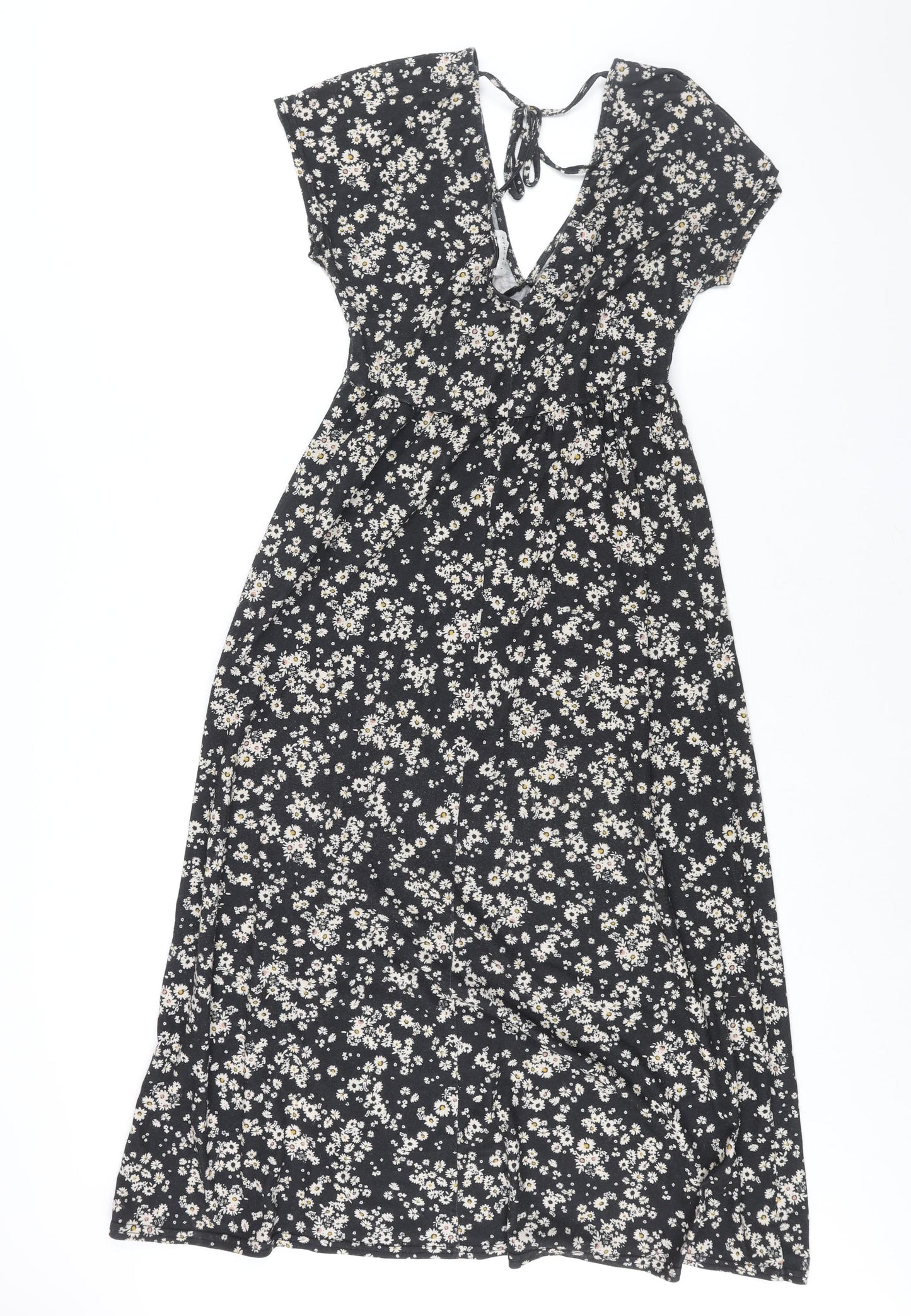 Topshop Womens Black Floral Polyester Shift Size 10 V-Neck Tie - Front Slit