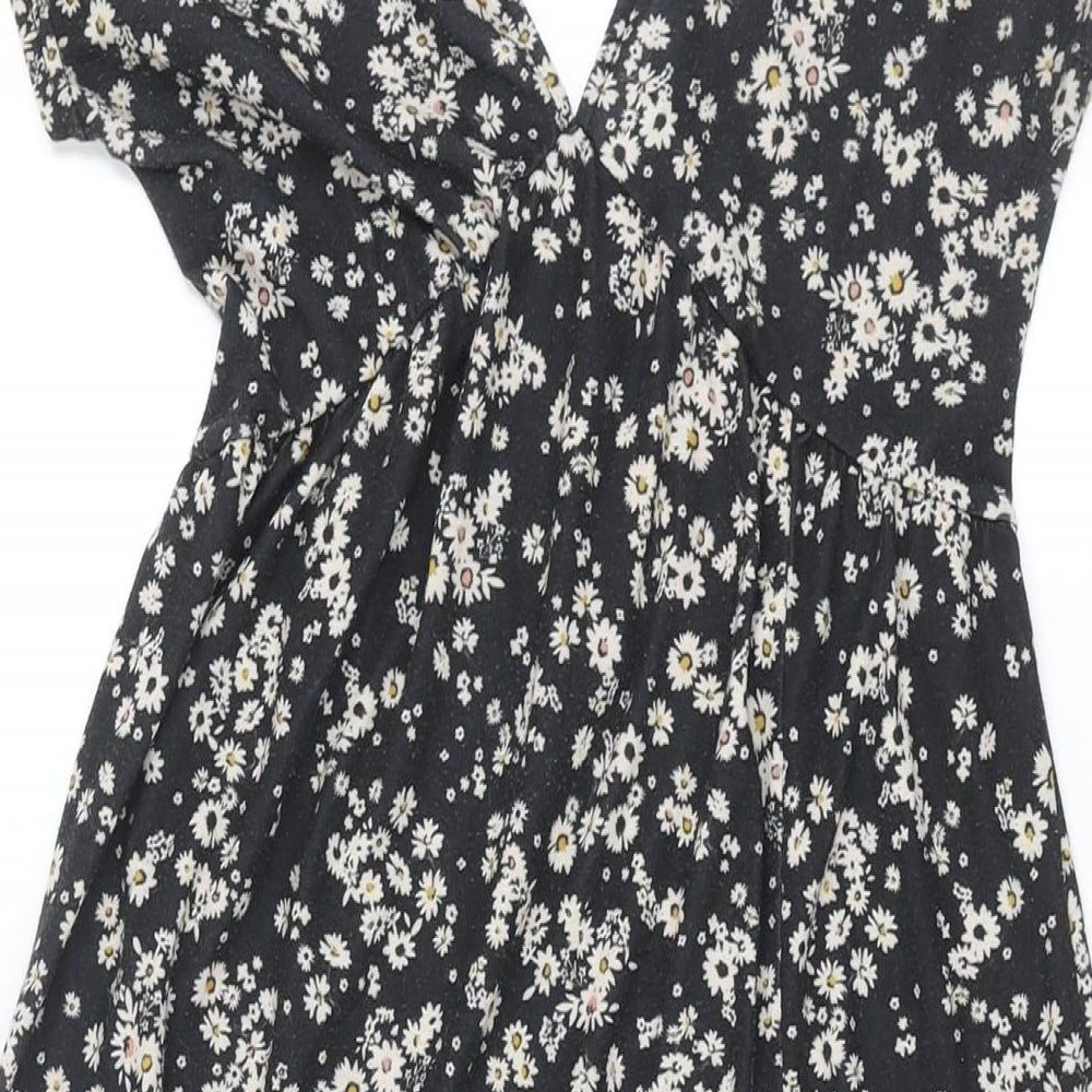 Topshop Womens Black Floral Polyester Shift Size 10 V-Neck Tie - Front Slit