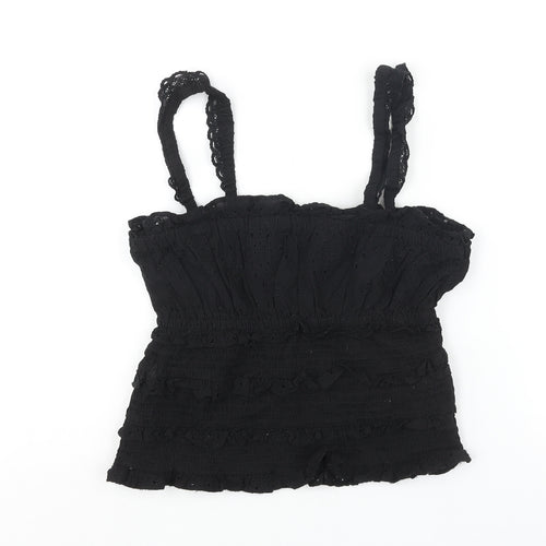 Topshop Womens Black Cotton Camisole Blouse Size 10 Square Neck - Rouched Frill