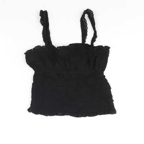 Topshop Womens Black Cotton Camisole Blouse Size 10 Square Neck - Rouched Frill