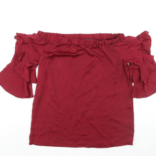 QED London Womens Red Polyester Basic Blouse Size 8 Off the Shoulder - Frill
