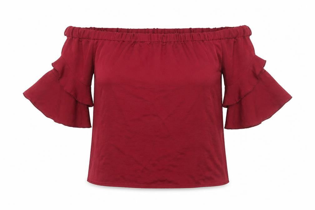 Front view of QED London women’s red polyester basic blouse, size UK 8, off the shoulder - frill