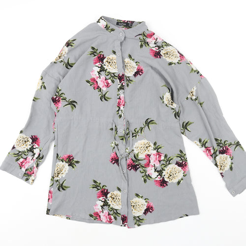 Boohoo Womens Grey Floral Polyester Tunic Blouse Size 12 Round Neck - Drawstring Waist