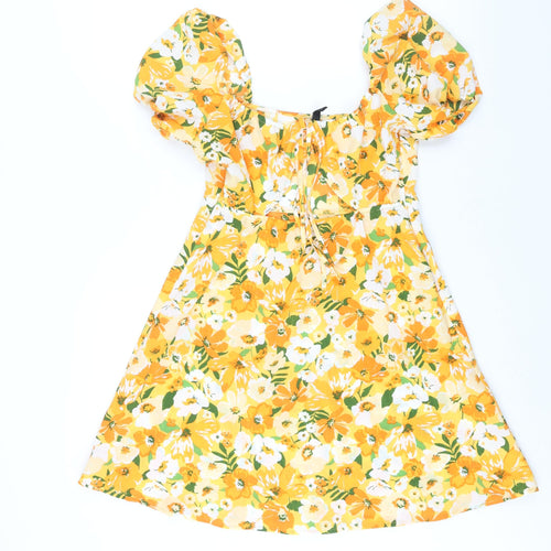 Divided by H&M Womens Orange Floral Polyester A-Line Size 12 Scoop Neck Tie - Cut Out Bodice