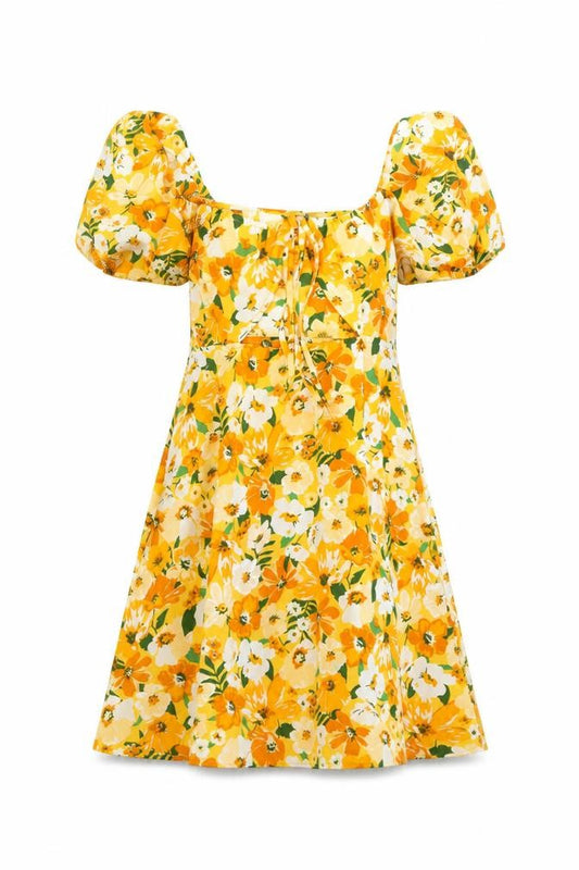 Front view of Divided by H&M women’s orange floral polyester a-line, size UK 12, scoop neck tie - cut out bodice