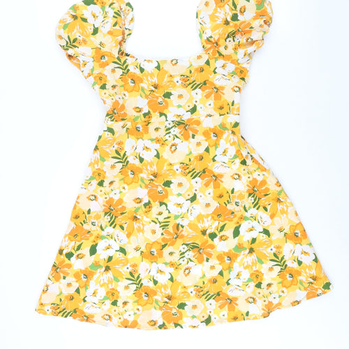 Divided by H&M Womens Orange Floral Polyester A-Line Size 12 Scoop Neck Tie - Cut Out Bodice