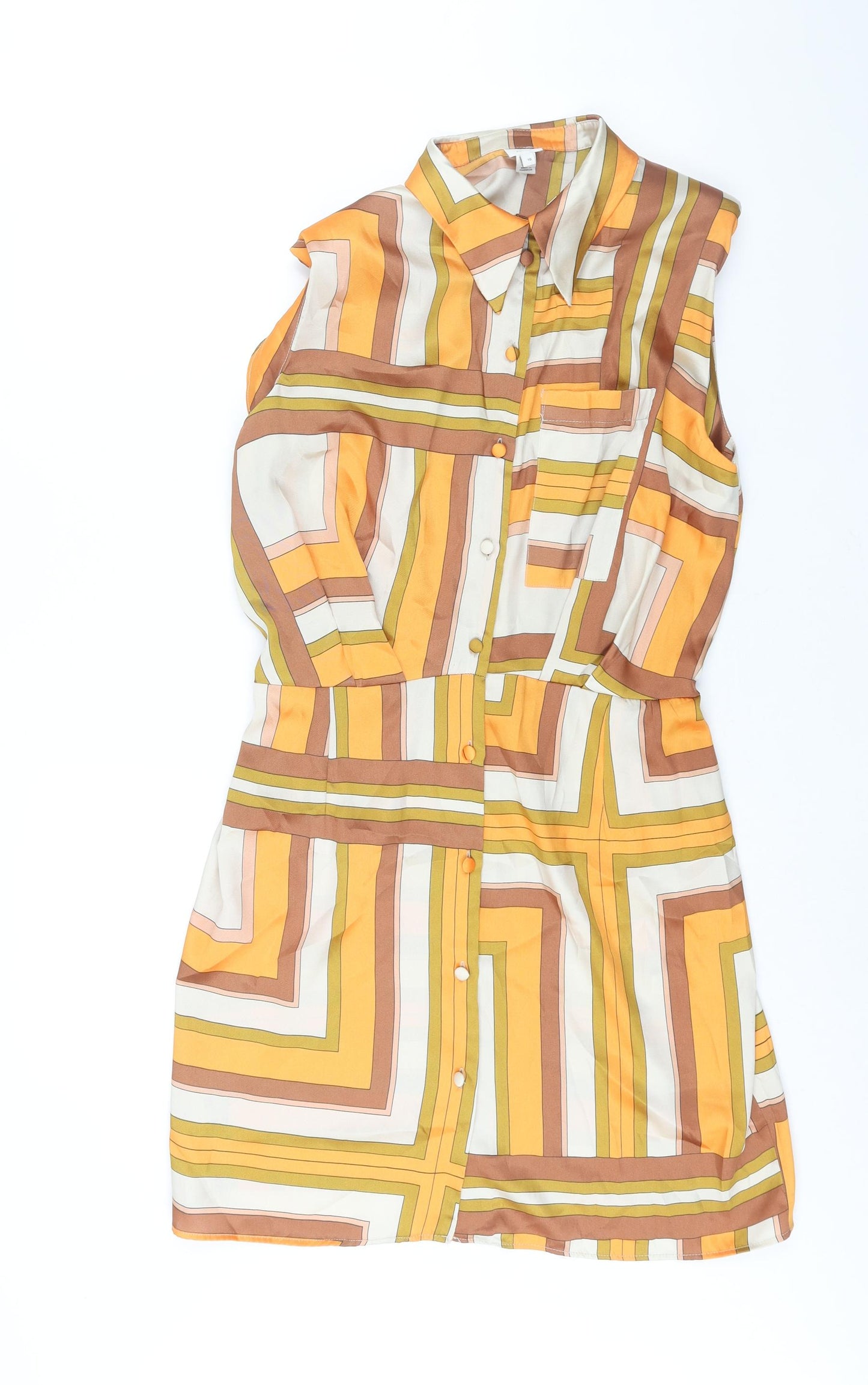 River Island Womens Orange Geometric Polyester Sheath Size 16 Collared Button - Shoulder Pads