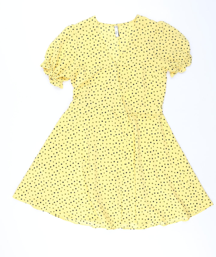Mango Womens Yellow Polka Dot Polyester Wrap Dress Size M V-Neck Tie