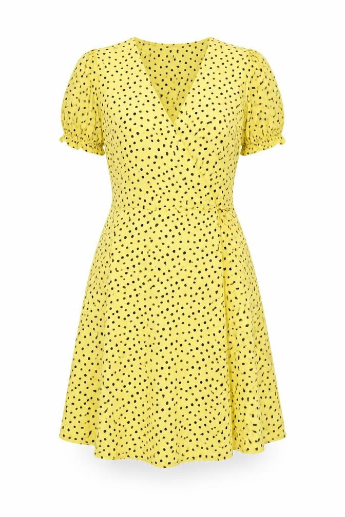 Front view of Mango women’s yellow polka dot polyester wrap dress, size M, v-neck tie