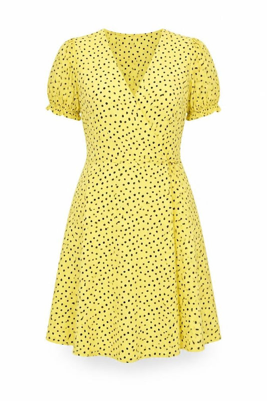 Front view of Mango women’s yellow polka dot polyester wrap dress, size M, v-neck tie