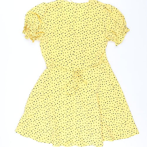 Mango Womens Yellow Polka Dot Polyester Wrap Dress Size M V-Neck Tie