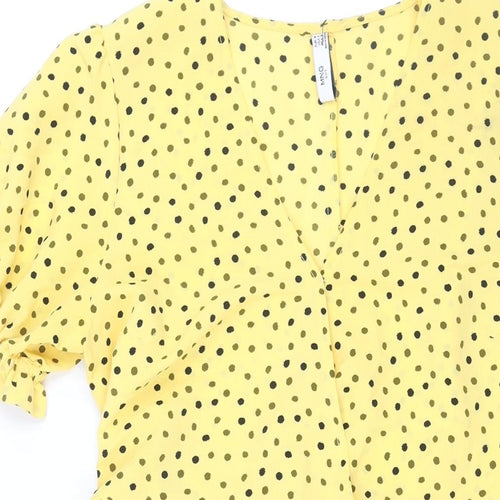 Mango Womens Yellow Polka Dot Polyester Wrap Dress Size M V-Neck Tie