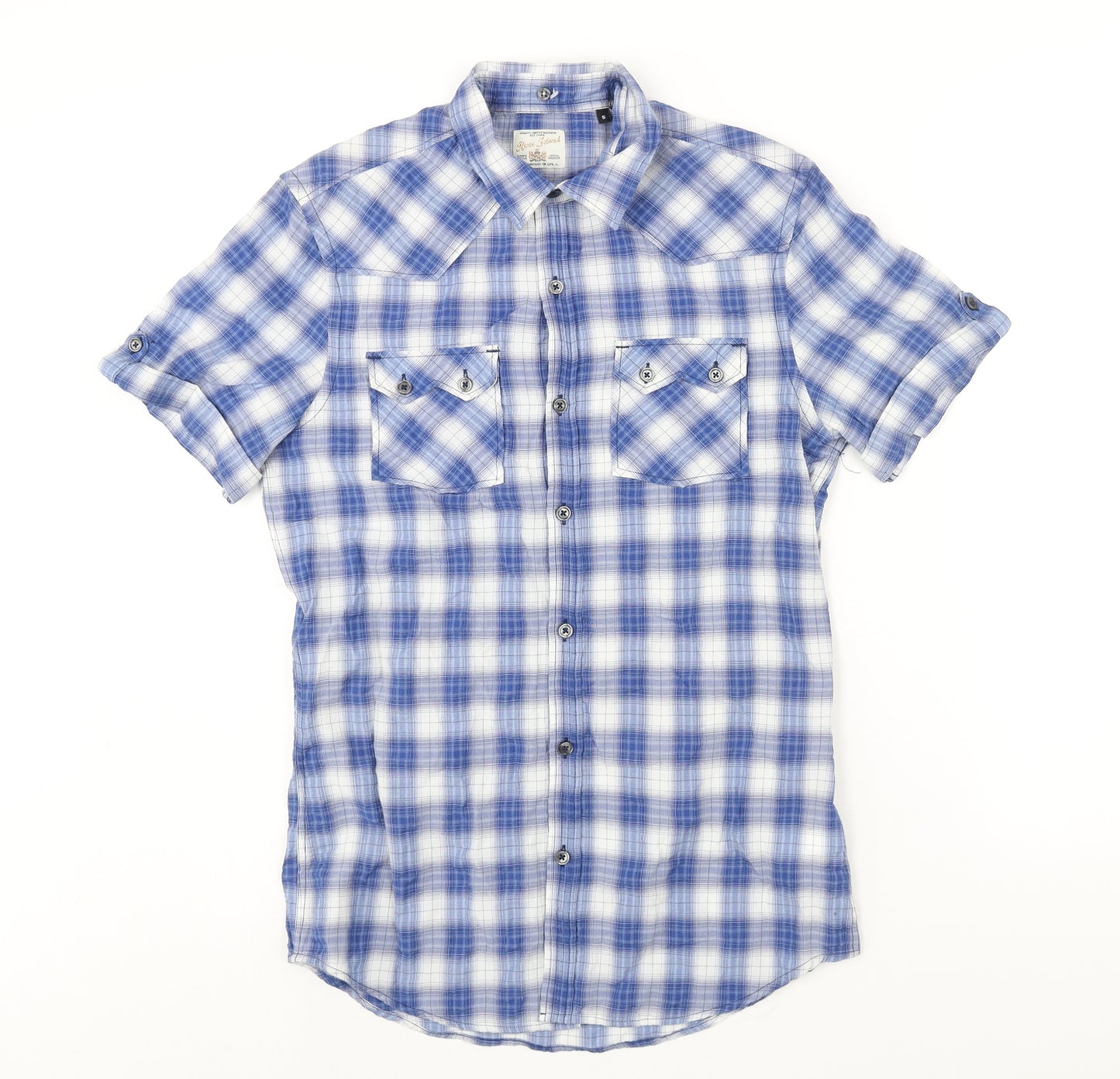 River Island Mens Blue Check Cotton Button-Up Size S Collared Button