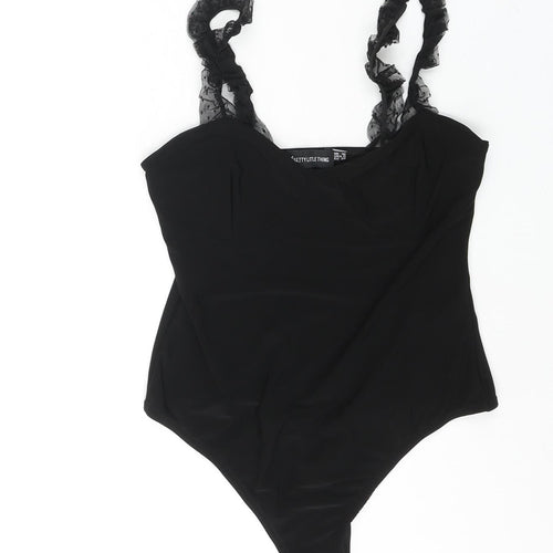 PRETTYLITTLETHING Womens Black Polyester Bodysuit One-Piece Size 10 Snap - Mesh Frill Strap