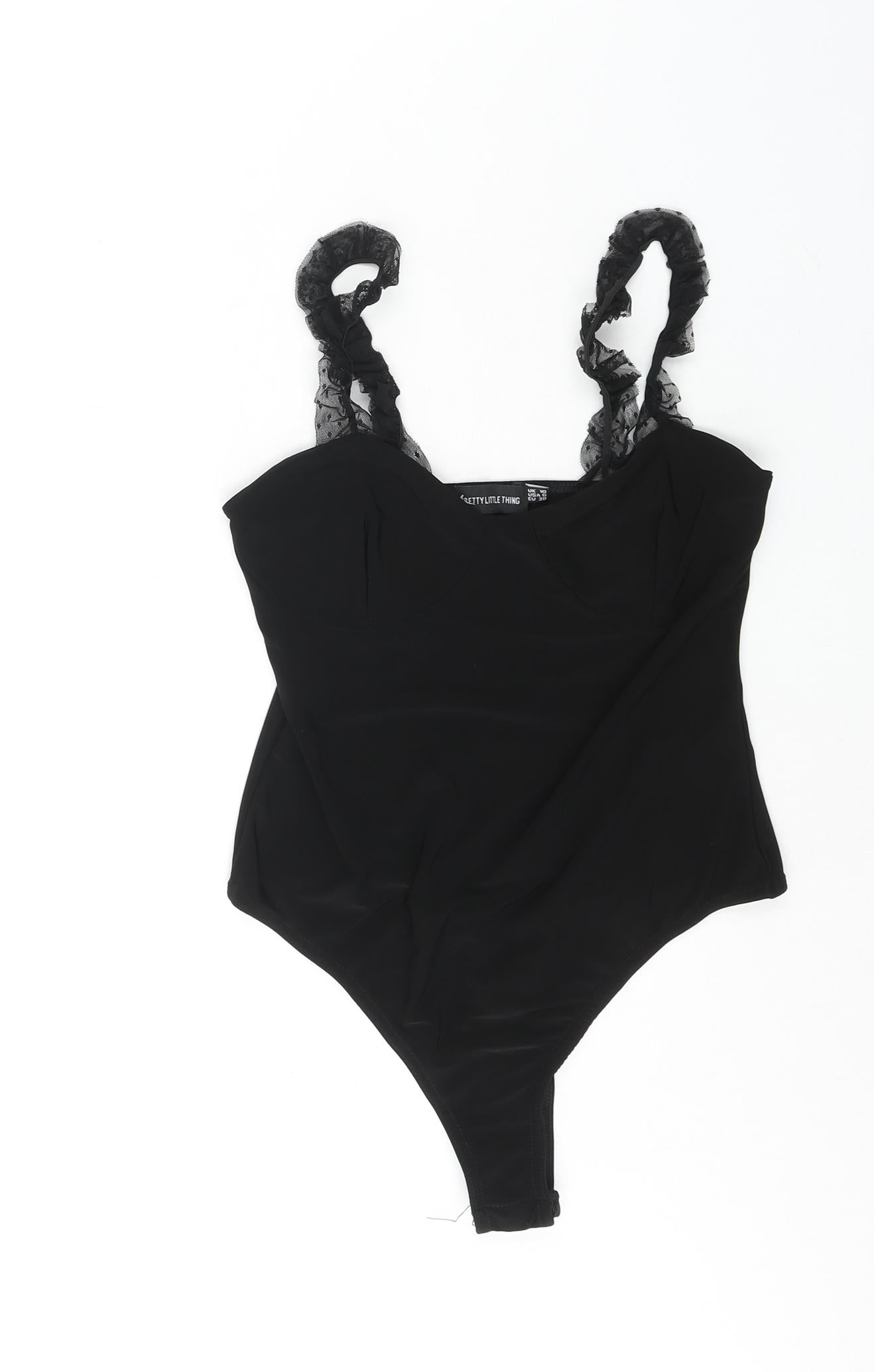 PRETTYLITTLETHING Womens Black Polyester Bodysuit One-Piece Size 10 Snap - Mesh Frill Strap