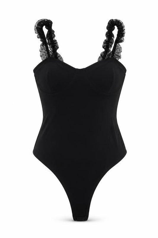 Front view of PRETTYLITTLETHING women’s black polyester bodysuit one-piece, size UK 10, snap - mesh frill strap