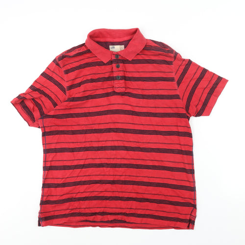 Marks and Spencer Mens Red Striped Cotton Polo Size L Collared Button