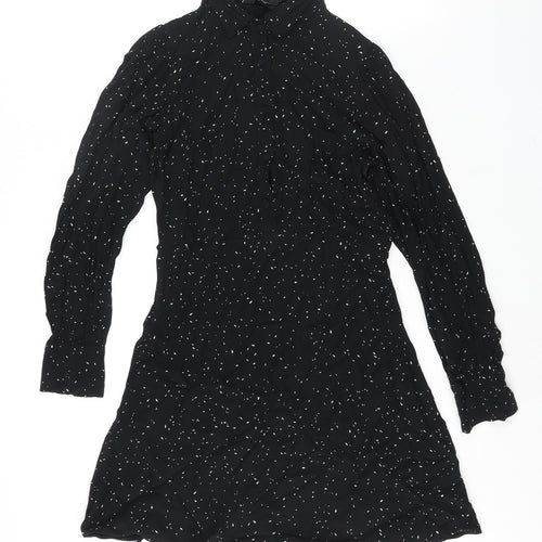 New Look Womens Black Geometric Viscose A-Line Size 8 Collared Button - Belted