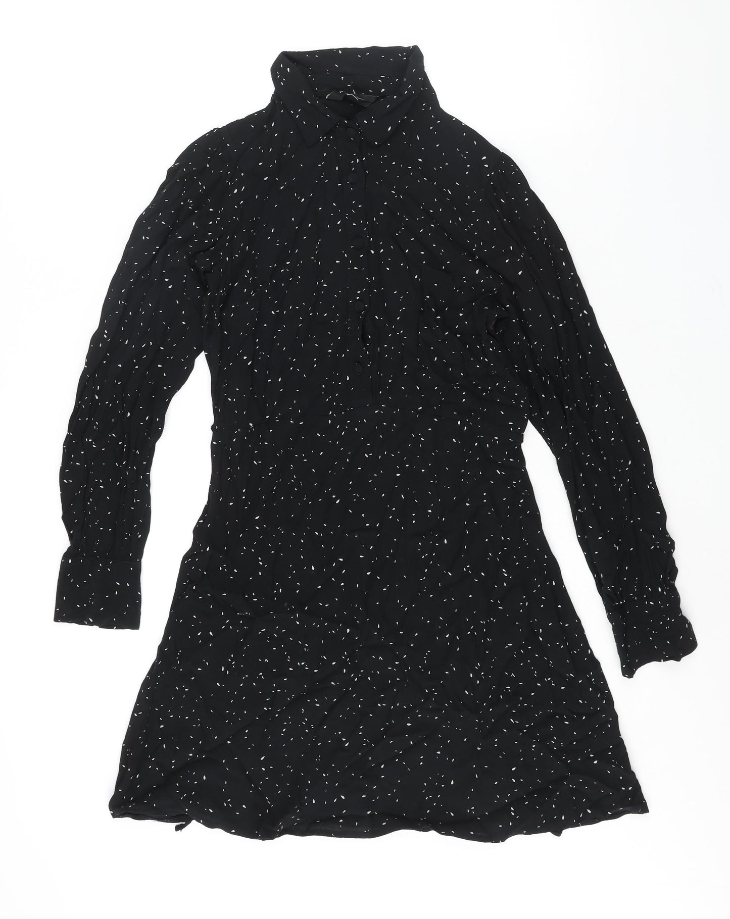 New Look Womens Black Geometric Viscose A-Line Size 8 Collared Button - Belted