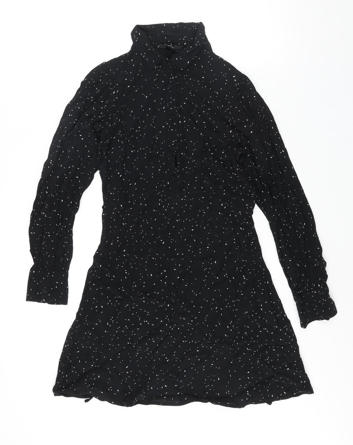 New Look Womens Black Geometric Viscose A-Line Size 8 Collared Button - Belted