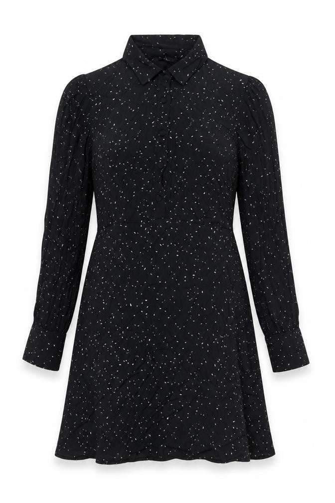 Front view of New Look women’s black geometric viscose a-line, size UK 8, collared button - belted