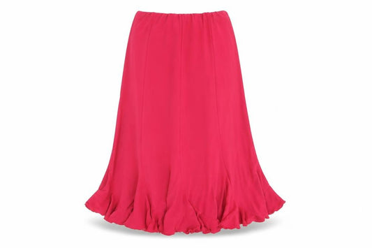 Front view of Saloos women’s pink polyester trumpet skirt, size M, - elasticated waist