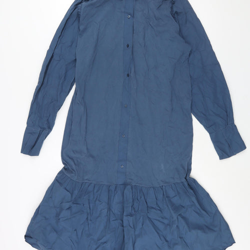 Zara Womens Blue Cotton Shirt Dress Size M Collared Button - Frill