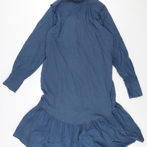 Zara Womens Blue Cotton Shirt Dress Size M Collared Button - Frill