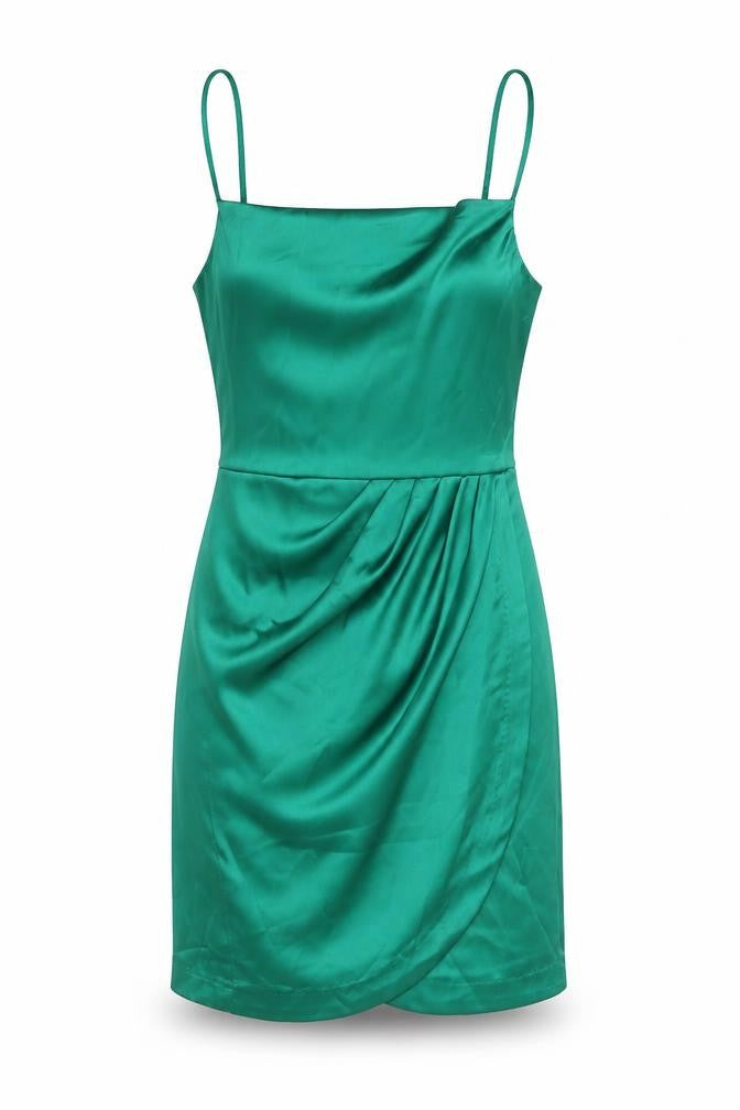 Front view of Zara women’s green polyester mini, size XS, square neck zip - draped detail