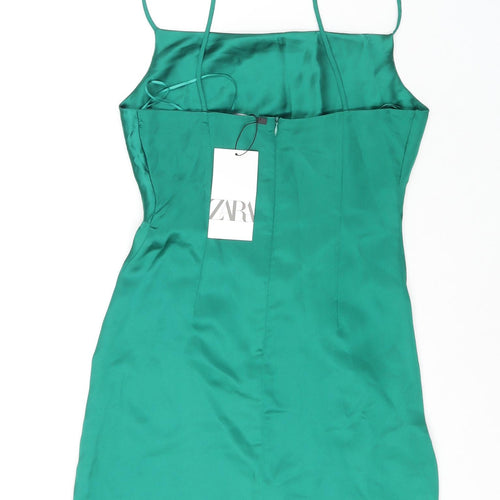 Zara Womens Green Polyester Mini Size XS Square Neck Zip - Draped Detail
