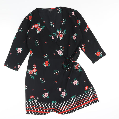 Topshop Womens Black Floral Polyester Wrap Dress Size 10 V-Neck Tie - Geometric Hem
