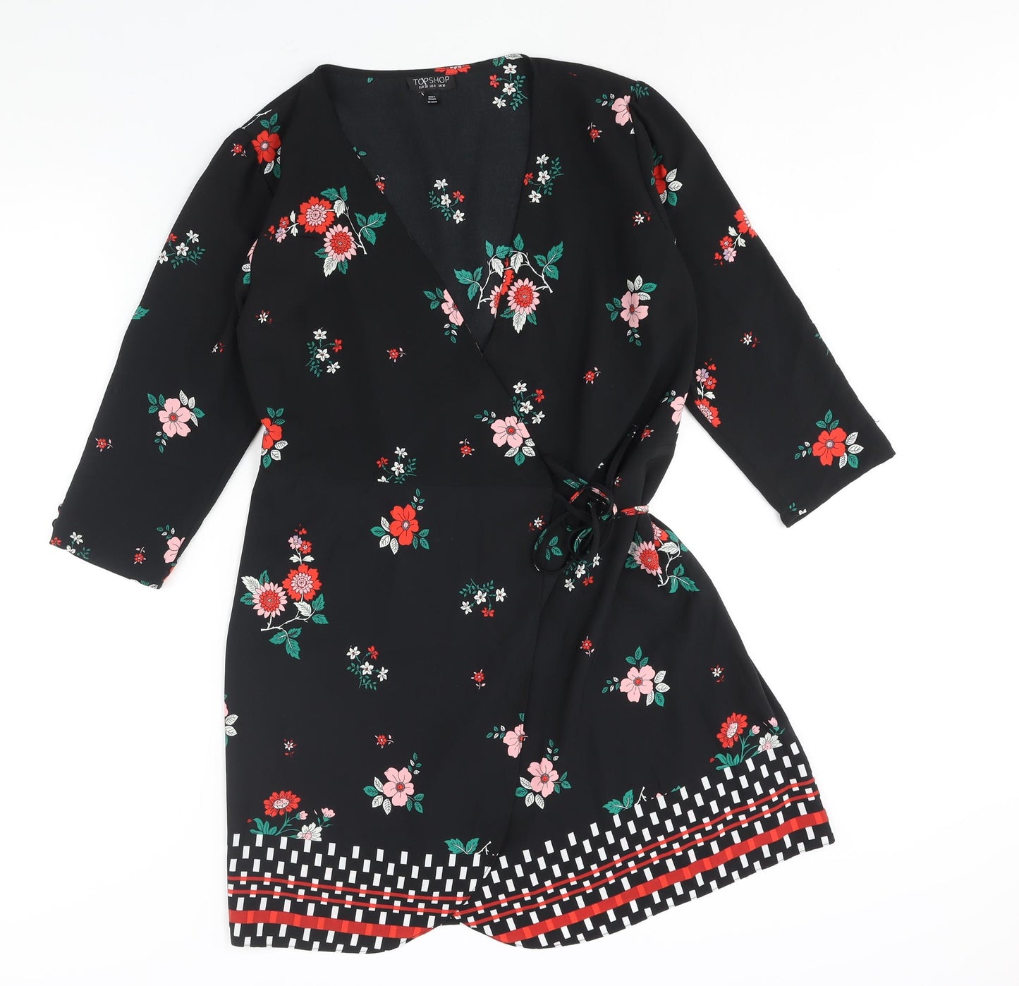 Topshop Womens Black Floral Polyester Wrap Dress Size 10 V-Neck Tie - Geometric Hem